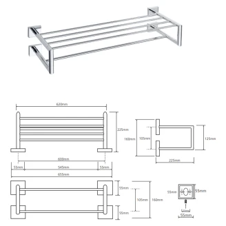 Dobbelte Håndklædehylde med Stang <strong>Edris</strong>  Krom Blank 60 cm