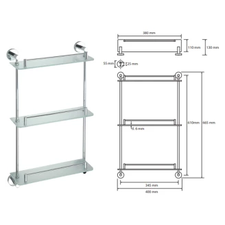 Tredobbelt Badeværelseshylde med Rækværk <strong>Holmstrand</strong>  Krom Blank 40 cm