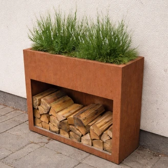 Plantekasse med brændeopbevaring <strong>Beltra</strong>  Cortenstål 100 cm