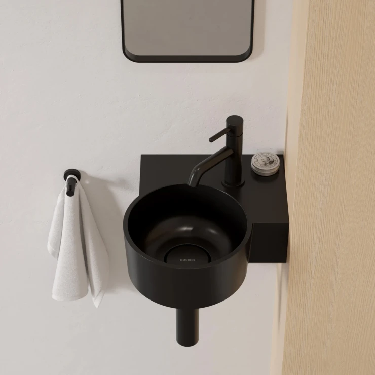 Omnires Væghængt Håndvask Ovo M+ Sort Lava Mat 33x34 cm Højre