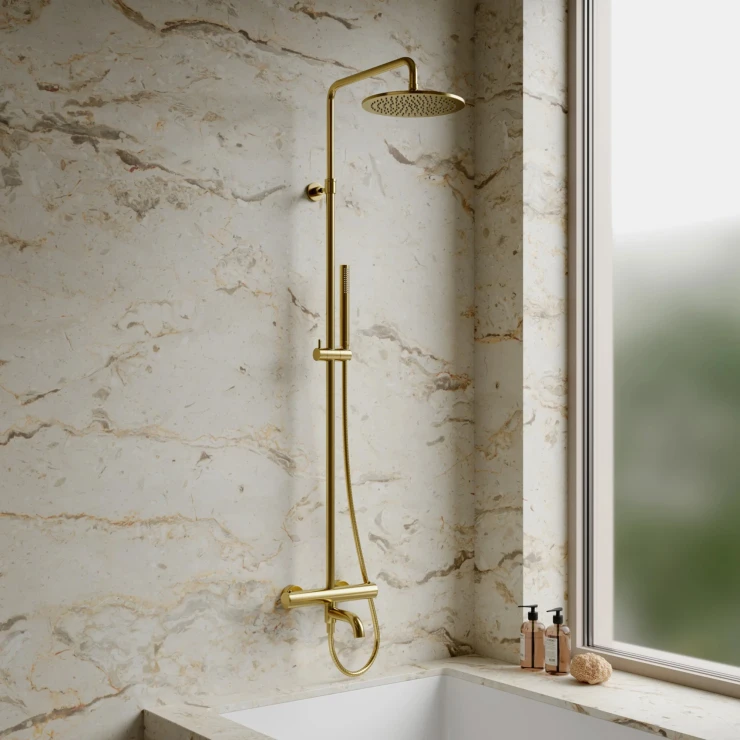 Omnires Brusesæt med Badekarsarmatur Y Guld Mat med Termostat