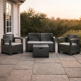 Havemøbelsæt <strong>Greenway</strong>  med Opbevaringsbord, 2-Personers Sofa, 2 Lænestole & 4 Hynder Grafit Mat