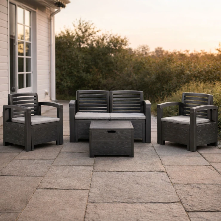 Havemøbelsæt Greenway med Opbevaringsbord, 2-Personers Sofa, 2 Lænestole & 4 Hynder Grafit Mat