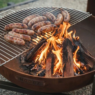 BonFeu Sæt med Ildskål Cortenstål 100 cm, Rektangulære Fødder & Halvrundt Grillrist