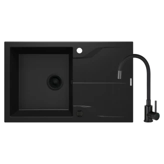 Granit Køkkenvask med Afløbsbakke <strong>Andante</strong>  Sort Mat 78x49 cm med Håndvaskarmatur & Vandlås