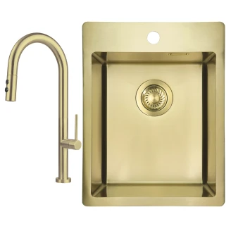 Stål Køkkenvask <strong>Olfato</strong>  Børstet Guld Mat 39x51 cm med Vandlås