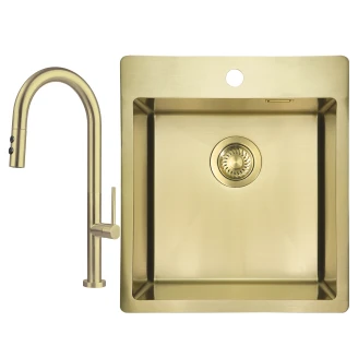 Stål Køkkenvask <strong>Olfato</strong>  Børstet Guld Mat 45x51 cm med Vandlås