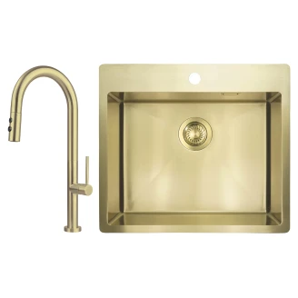 Stål Køkkenvask <strong>Olfato</strong>  Børstet Guld Mat 55x51 cm med Vandlås