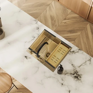 Rostfrit Stål Køkkenvask <strong>Epure</strong>  Guld Mat 50x58 cm med Vandlås & Tilbehør