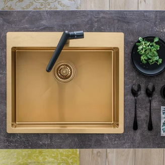 Rostfrit Stål Køkkenvask <strong>Orviane</strong>  Guld Mat 51x59 cm med Vandlås