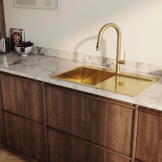 Rustfrit Stål Køkkenvask med Afløbsbakke <strong>Celion</strong>  Guld Mat 78x49 cm med Vandlås Højre