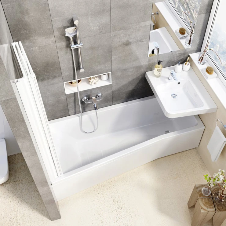 Ravak Badekar BeHappy Hvid Blank Højre 170x75 cm med Panel, Fodsæt & Afløb med Overløb