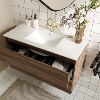 Underskab <strong>Blisse</strong>  Valnød Mat 100 cm med To Skuffer & Vask Hvid Blank