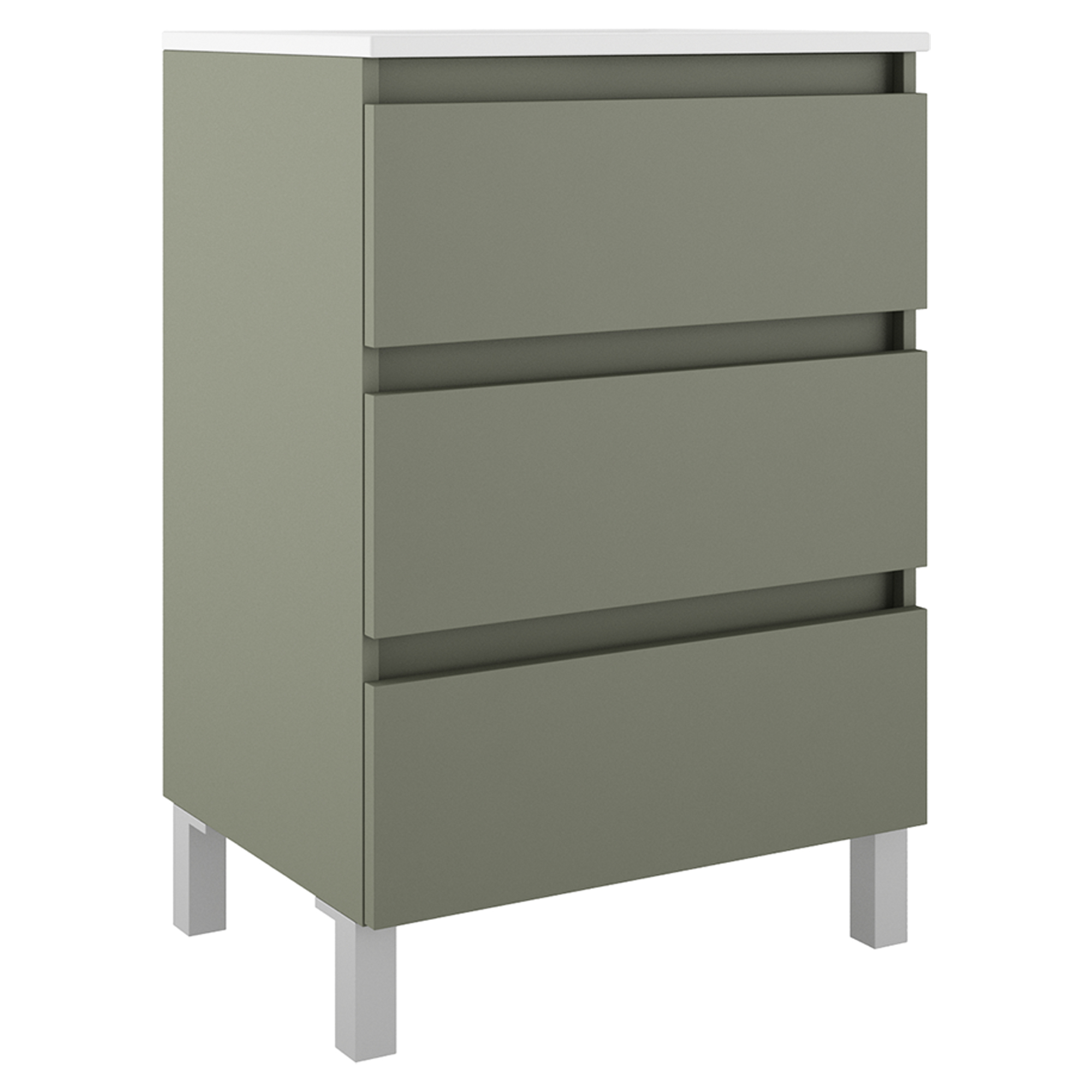 Underskab Compakt Oliven Mat 60x40 cm med Vask, Tre Skuffer & Ben