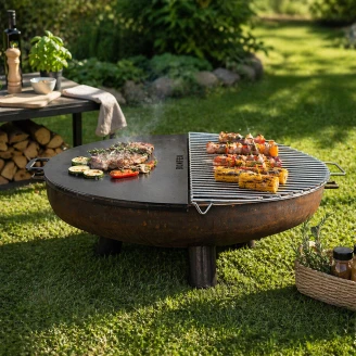 BBQ Sæt med Ildskål Cortenstål 120 cm, Halvrundt Grillrist & Halvrund Plancha
