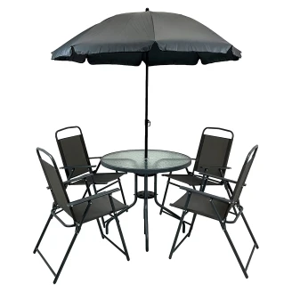 Cafésæt Udendørs med Bord Ø 80 cm, 4 Stole & Haveparasol <strong>Brasa</strong>  Sort