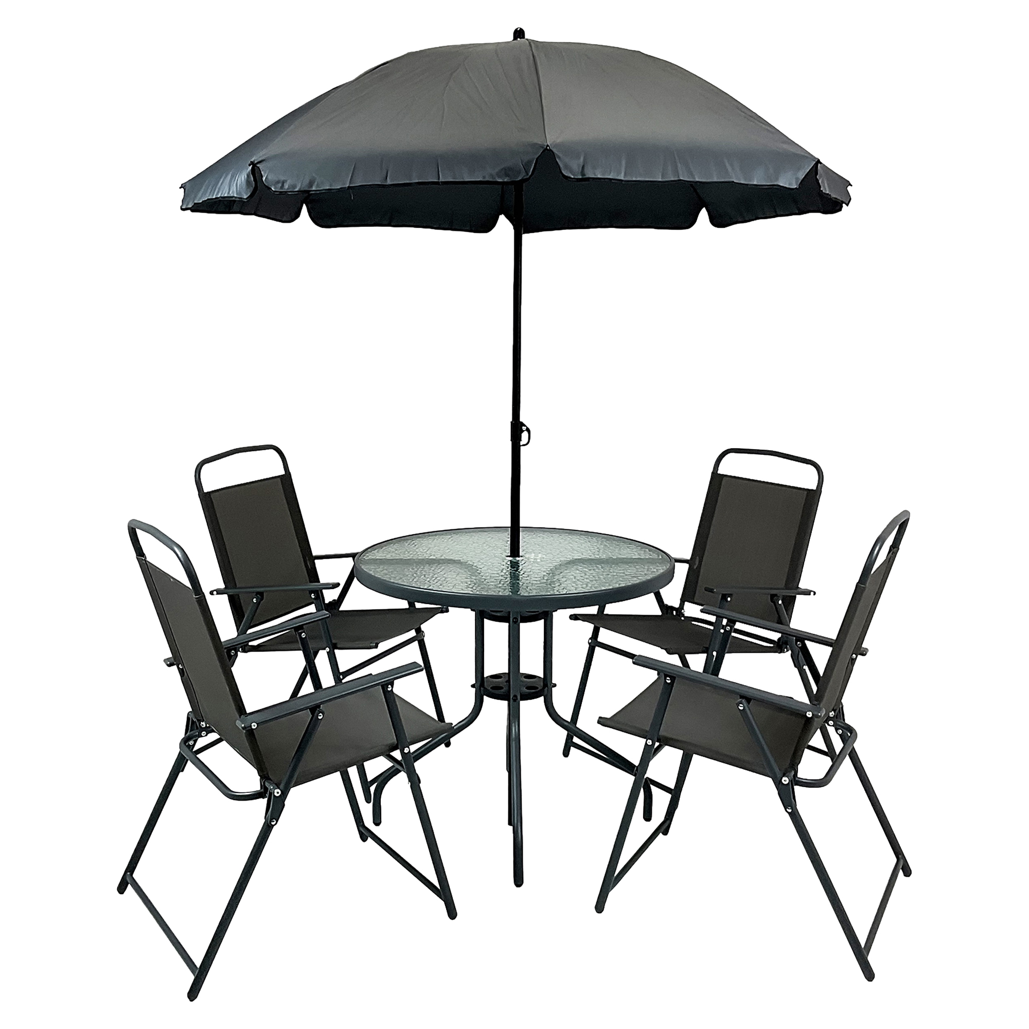 Cafésæt Udendørs med Bord Ø 80 cm, 4 Stole & Haveparasol Brasa Sort