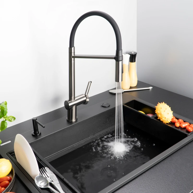 Granit Køkkenvask Magnetic Sort Mat 76x52 cm med Vandlås