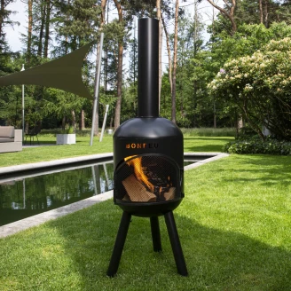 BonFeu Grillsæt med Ildsted BonSolo Sort, Røgrør L, Kobling til Røgrør, Regnhætte & Overtræk
