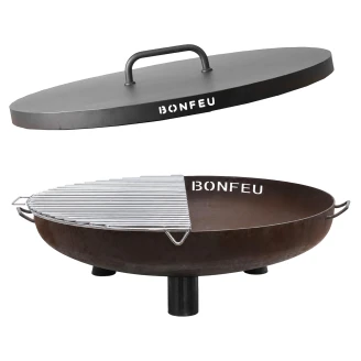 BonFeu Sæt med Ildskål BonBowl Plus 100 Cortenstål, Låg & Halvrund Grillrist