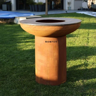 BonFeu Sæt med Ildsted BonBiza XL Cortenstål, Dobbelt Stålring til Grill, Rund Grillrist & Grillspade