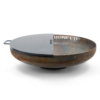 BBQ Sæt med Ildskål 80 cm Cortenstål, Fødder Stjerne Carbon, Halvrund Grillrist & Halvrund Plancha