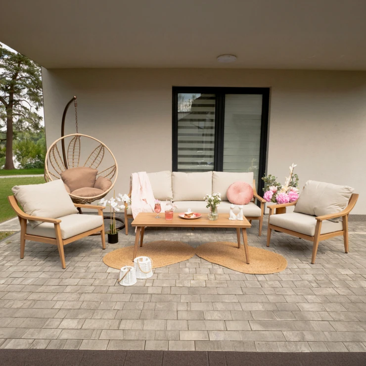 Havesæt med 3-Personers Sofa, Bord 128x53 cm, 2 Lænestole & Hynder Mirena Beige
