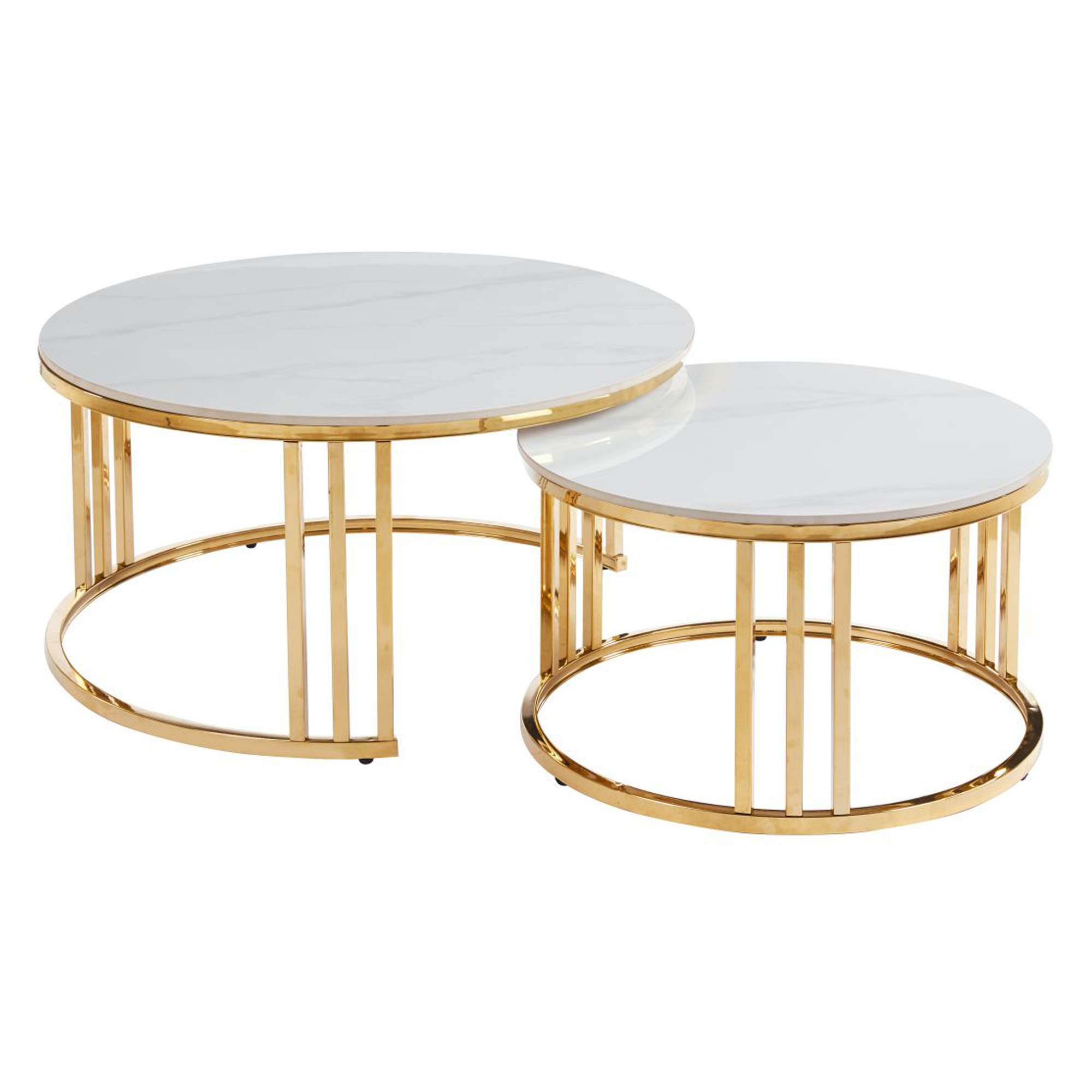 Sæt med Sofaborde Ø 80 & Ø 60 cm Relon Hvid Marmor, Guld