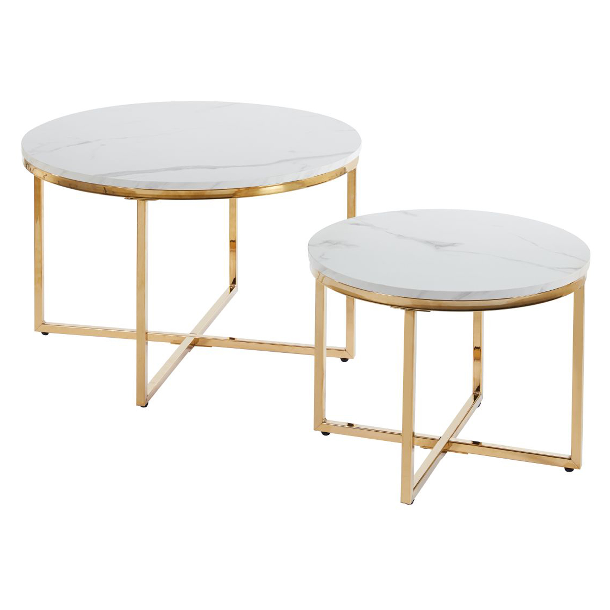Sæt med Sofaborde Ø 70 & Ø 50 cm Relon Hvid Marmor, Guld