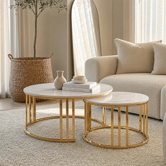 Sæt med Sofaborde Ø 80 & Ø 60 cm <strong>Relon</strong>  Hvid Marmor, Guld