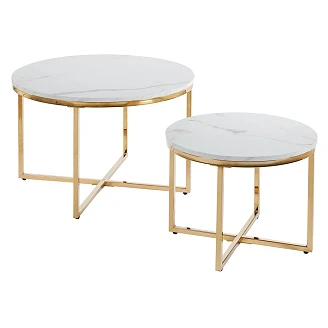 Sæt med Sofaborde Ø 70 & Ø 50 cm <strong>Relon</strong>  Hvid Marmor, Guld