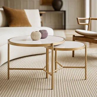 Sæt med Sofaborde <strong>Fentix</strong>  Hvid Marmor, Guld Ø 48 & Ø 63 cm