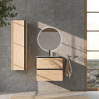 Komplet Badeværelsesmøbel Luna Eg Træ 60 cm med Højskab, Spejl, Håndvaskarmatur & Bundventil