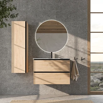 Komplet Badeværelsesmøbel Luna Eg Træ 80 cm med Højskab, Spejl, Håndvaskarmatur & Bundventil