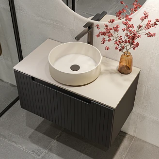 Komplet Badeværelsesmøbel Underskab Ribb Sort 80 cm med Beige Bordplade & Vask, Sort Håndvaskarmatur & Bundventil