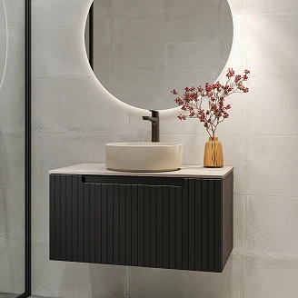 Komplet Badeværelsesmøbel Underskab Ribb Sort 80 cm med Beige Bordplade & Vask, Sort Håndvaskarmatur & Bundventil