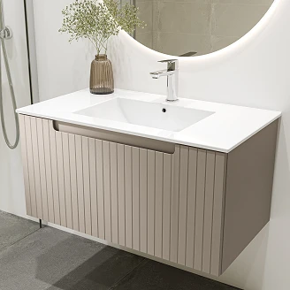 Komplet Badeværelsesmøbel Underskab Ribb Beige 80 cm med Krom Håndvaskarmatur & Bundventil