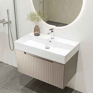 Komplet Badeværelsesmøbel Underskab Ribb Beige 80 cm med Butler Vask, Krom Håndvaskarmatur & Bundventil