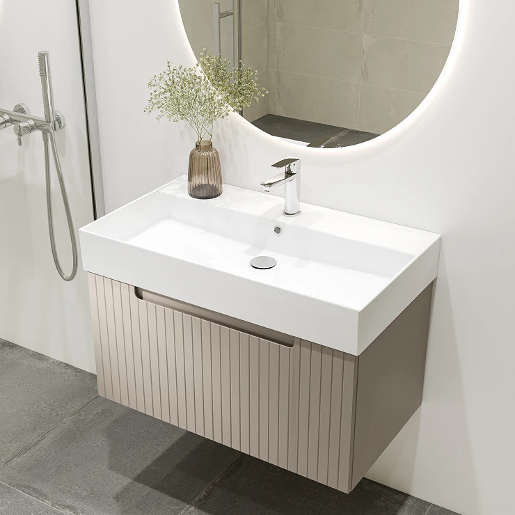 Komplet Badeværelsesmøbel Underskab Ribb Beige 80 cm med Butler Vask, Krom Håndvaskarmatur & Bundventil