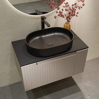Komplet Badeværelsesmøbel Underskab Ribb Beige 80 cm med Sort Bordplade, Vask, Håndvaskarmatur & Bundventil