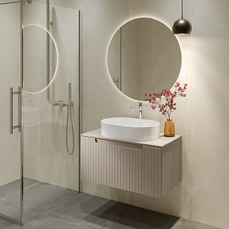 Komplet Badeværelsesmøbel Underskab Ribb Beige 80 cm med Bordplade, Vask, Håndvaskarmatur & Bundventil