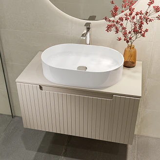 Komplet Badeværelsesmøbel Underskab Ribb Beige 80 cm med Bordplade, Vask, Håndvaskarmatur & Bundventil