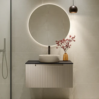 Komplet Badeværelsesmøbel Underskab Ribb Beige 80 cm med Beige Vask, Sort Bordplade, Håndvaskarmatur & Bundventil
