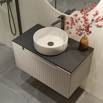 Komplet Badeværelsesmøbel Underskab Ribb Beige 80 cm med Beige Vask, Sort Bordplade, Håndvaskarmatur & Bundventil