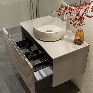 Komplet Badeværelsesmøbel Underskab Ribb Beige 80 cm med Beige Bordplade & Vask, Krom Håndvaskarmatur & Bundventil