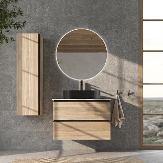 Underskab Luna Eg Træ 80 cm med Cosentino Lysbeige Bordplade, Højskab, Spejl, Vask, Håndvaskarmatur & Bundventil