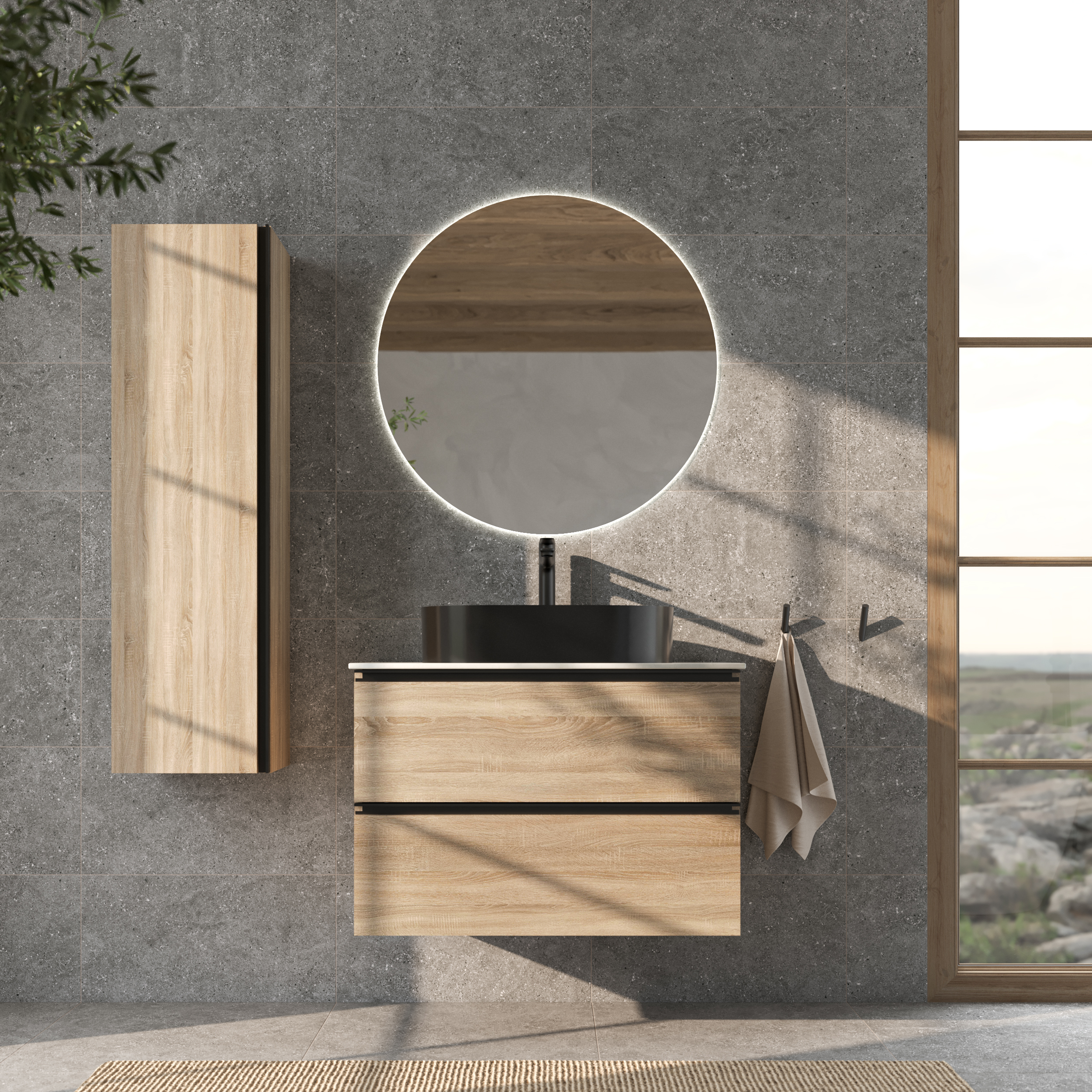Underskab Luna Eg Træ 80 cm med Cosentino Lysbeige Bordplade, Højskab, Spejl, Vask, Håndvaskarmatur & Bundventil