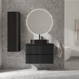 Underskab Luna Sort 80 cm med Cosentino Sort Bordplade, Højskab, Spejl, Vask, Håndvaskarmatur & Bundventil