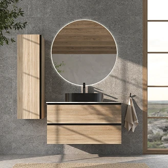 Underskab Luna Eg Træ 100 cm med Cosentino Lysbeige Bordplade, Højskab, Spejl, Vask, Håndvaskarmatur & Bundventil