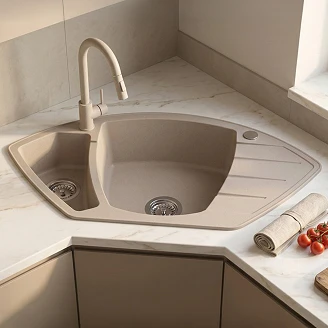 Granit Hjørnevask <strong>Cornerstone</strong>  Beige Mat 90x54 cm med Vandlås
